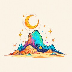 Celestial Mountain Dreamscape: A vibrant illustration of a colorful mountain range under a crescent moon and starry night sky.