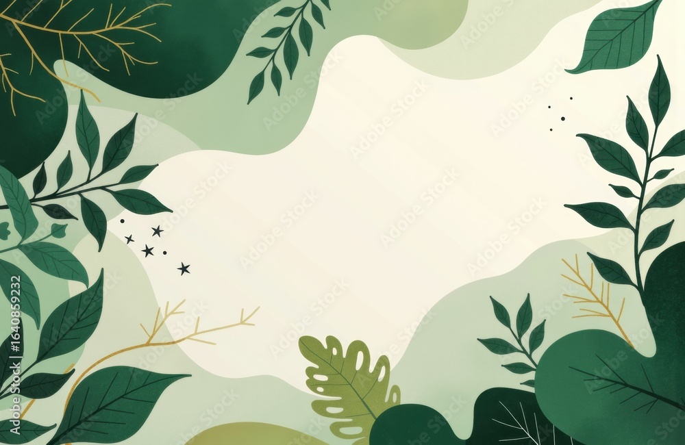 Poster lush green leaves and botanical elements frame a blank space in the center for text or design