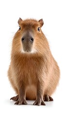 Fototapeta premium Adorable capybara sitting peacefully with a curious gaze, perfect for wildlife projects, environmental campaigns, and educational content
