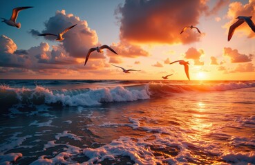 A vibrant sunset over the ocean with seagulls flying across the colorful sky
