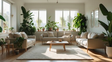 Bright living room features neutral sofas and lush green plants near .