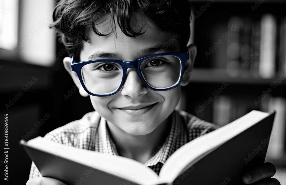 Poster smiling boy with glasses reading a book in a library setting