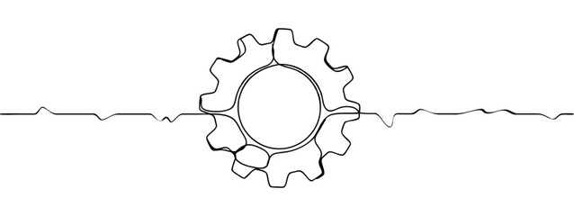 Single line art of a cogwheel merging with a pulse wave. Minimalist vector icon for engineering, process, and innovation.