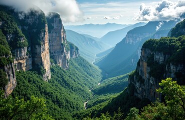Majestic mountain landscape with lush green forests and deep valley views