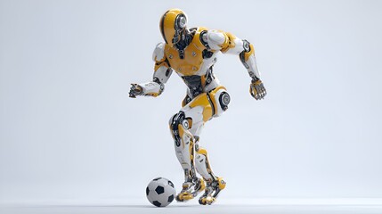 Dynamic robot athlete playing soccer with futuristic design and vibrant yellow accents, ready for action and innovation