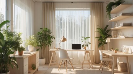 Bright sunny home office with plants and minimalist decor inspires creativity