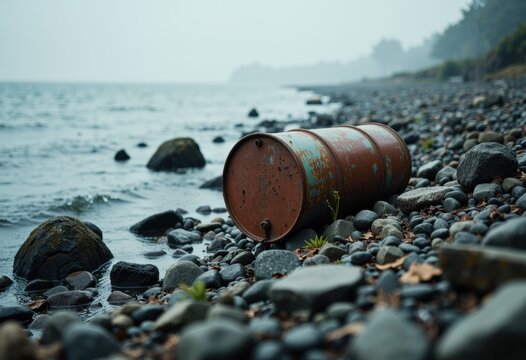Rusty barrel lying on a rocky shoreline near a misty, overcast sea - Powered by Adobe