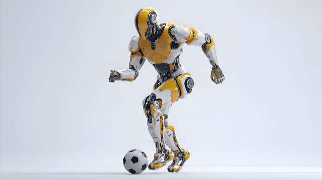Dynamic robot athlete playing soccer with futuristic design and vibrant yellow accents, ready for action and innovation - Powered by Adobe