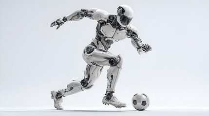 Futuristic robot athlete kicking soccer ball with precision and power, concept of AI in sports and technology