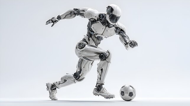 Futuristic robot athlete kicking soccer ball with precision and power, concept of AI in sports and technology