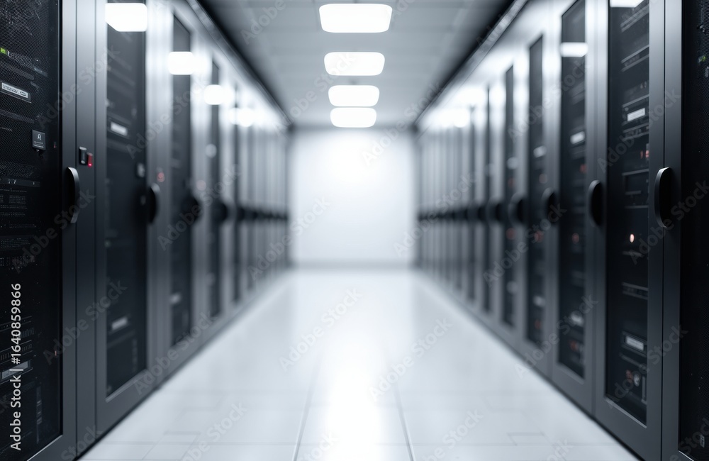 Poster server room with rows of black data storage units and bright overhead lighting creating a modern tec
