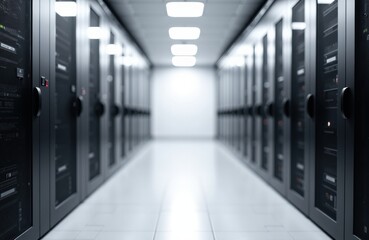 Server room with rows of black data storage units and bright overhead lighting creating a modern technological environment