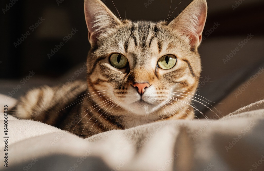 Poster a close-up of a tabby cat lying on a soft surface with a focused gaze