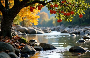 A peaceful river scene with a tree bearing orange fruits and colorful autumn foliage in the background