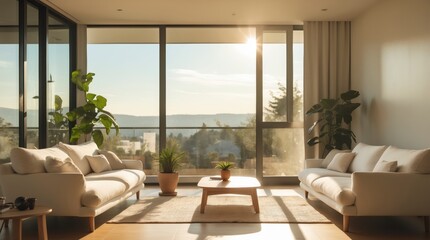 Fototapeta premium Sun streams into a modern living room with sofas and scenic mountain view.