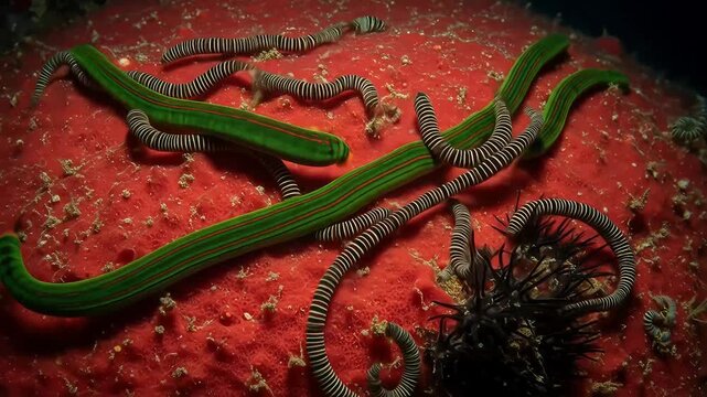 Strange Tapeworm and Other Marine Worms on Red Sponge