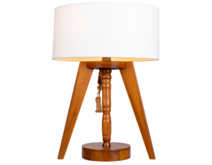  Floor Lamp with Tripod Wooden Stand and White Shade, isolated on a transparent background.