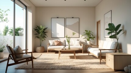 Fototapeta premium A beautifully designed living room features natural light and minimalist decor.