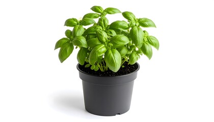 Fototapeta premium Fresh Basil Plant in Black Pot with Isolated on White, and Culinary Herb for Cooking.