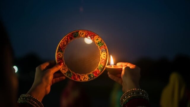 Karva chauth celebration showcasing wife and husband bond. Perfect for depicting traditional indian festivals, love, relationships, and cultural diversity.