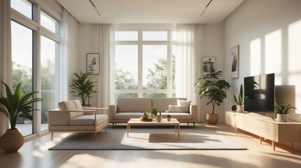 Bright living room boasts large , plants, and neutral furniture decor.