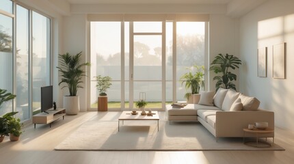 Fototapeta premium Sun shines through large into a bright, modern living room interior.