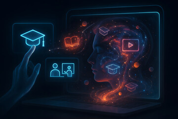 Digital learning concept with glowing icons and human profile
