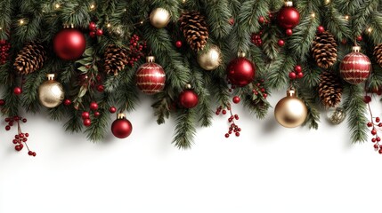 Festive Christmas Garland with Red and Gold Ornaments and Pinecones on White Background