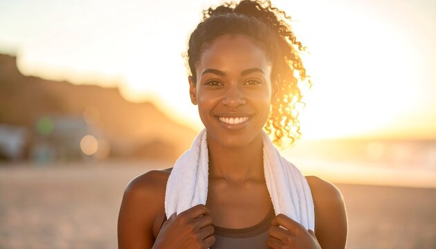 Smiling woman with towel, sunset beach background
