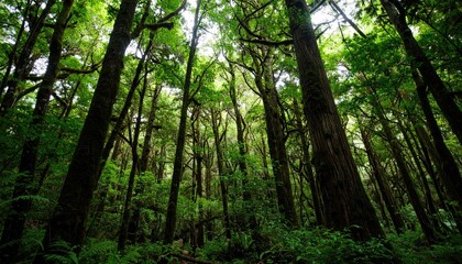 Obraz premium Tall, dark trees with green foliage reach towards the sky in a dense forest.