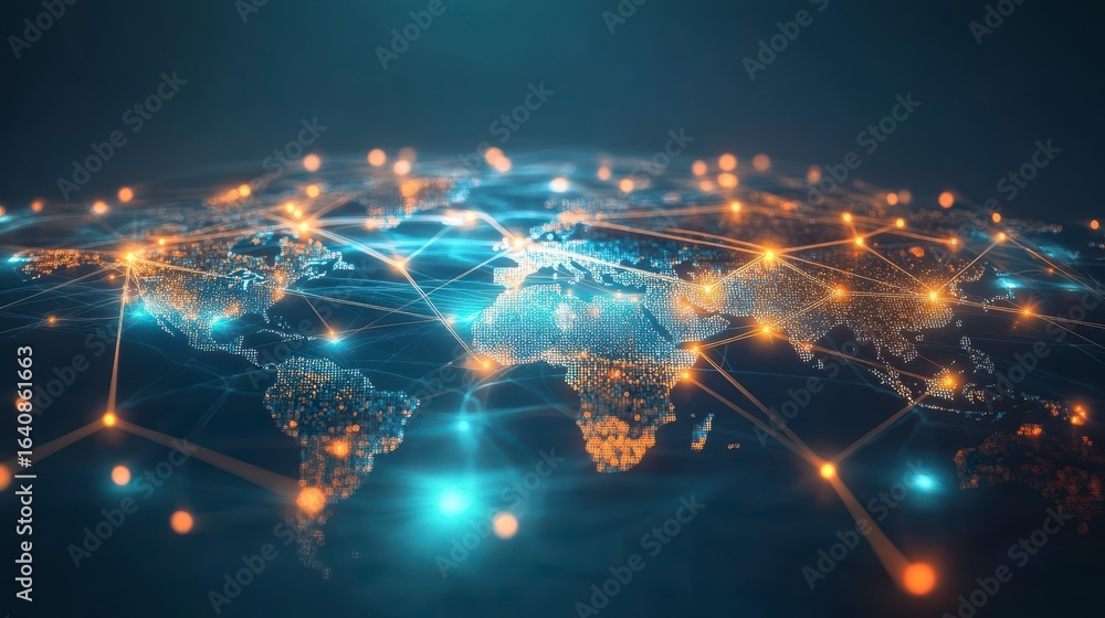 Aufkleber global network connection, illuminated world map showing data flow and interconnectedness.