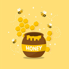 Flat Vector Illustration of Honey Jar with Dripping Golden Honey, Flying Bees, and Honeycomb Pattern for Natural Sweet Food, Organic Product, and Beekeeping Concept in Cute Cartoon Style