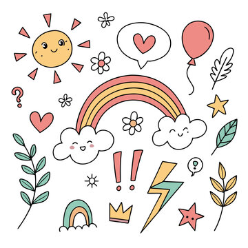 Whimsical Hand-Drawn Sticker Collection Featuring a Smiling Sun, Rainbows, Stars, Clouds, and Floral Elements for a Cheerful Aesthetic