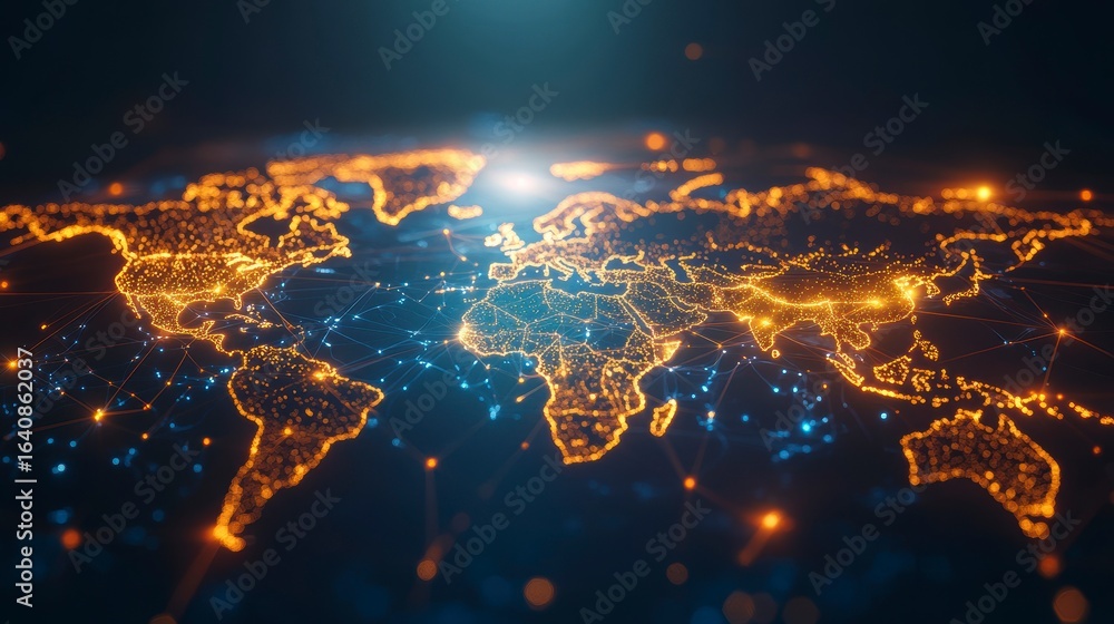 Aufkleber global network connection, illuminated world map with glowing lines and nodes.