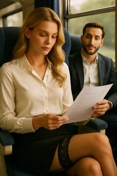 elegant Caucasian young lady sitting in the train AI generated