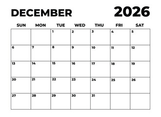 Monthly Planner December 2026, Minimalist Black and White Calendar, Sunday Start Printable Calendar, Plain calendar, Dated Monthly Planner, Simple Monthly Organizer, Landscape Monthly Planner