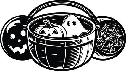 Halloween basket with pumpkin, ghost, and spiderweb for trick or treat