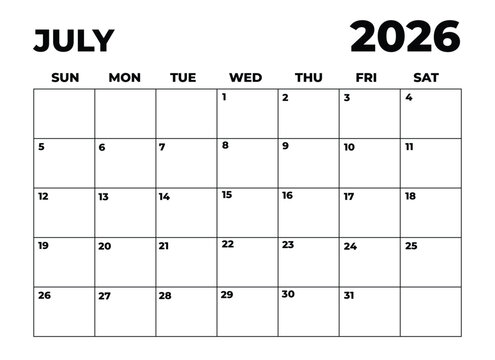 Monthly Planner July 2026, Minimalist Black and White Calendar, Sunday Start Printable Calendar, Plain calendar, Dated Monthly Planner, Simple Monthly Organizer, Landscape Monthly Planner
