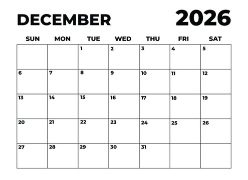 Monthly Planner December 2026, Minimalist Black and White Calendar, Sunday Start Printable Calendar, Plain calendar, Dated Monthly Planner, Simple Monthly Organizer, Landscape Monthly Planner