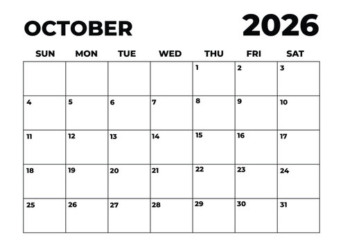 Monthly Planner October 2026, Minimalist Black and White Calendar, Sunday Start Printable Calendar, Plain calendar, Dated Monthly Planner, Simple Monthly Organizer, Landscape Monthly Planner
