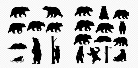 A diverse collection of black bear silhouettes in various poses, including walking, standing, sitting, and a cub climbing a tree, presented as isolated graphics.