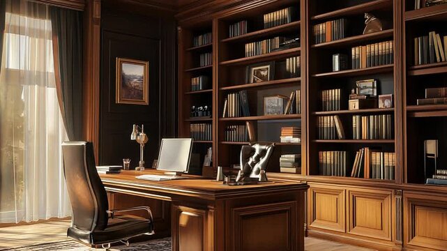 Classic home office interior with bookshelves and desk illuminated by sunlight