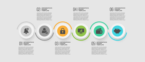 Six steps processes circular infographic elements. Business and marketing presentation slide template.
