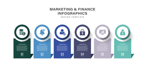 Business and marketing infographics. Six steps or options vector infographic layout with business icons and text.
