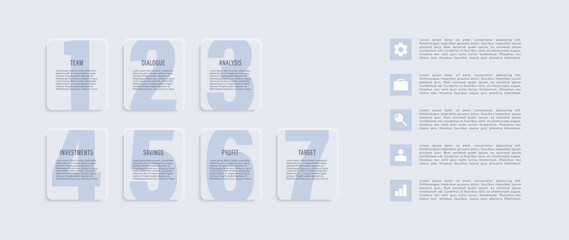 Neumorphism business and marketing infographic design template. Seven steps instruction, data visualization or timeline.