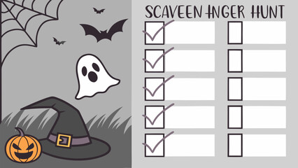 Spooky halloween scavenger hunt checklist with ghost bats pumpkin and witch hat for festive party games and activities