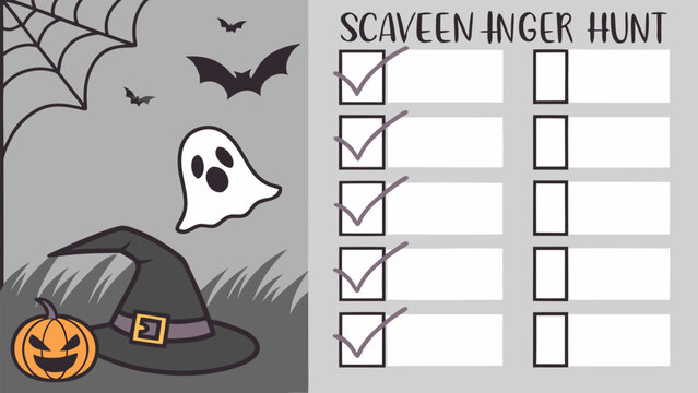 Spooky halloween scavenger hunt checklist with ghost bats pumpkin and witch hat for festive party games and activities