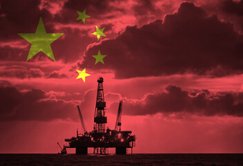 Natural Gas drilling rig with China flag overlay