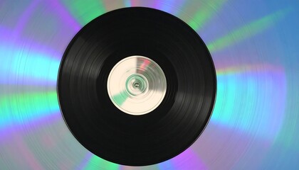 Vinyl Record Overlaid on Iridescent Disc Surface