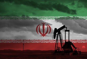 Drilling for oil in the countryside with Iran national flag overlay